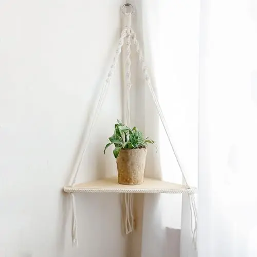 Macrame Corner Shelf Wall Hanging, Boho Floating Shelves Storage