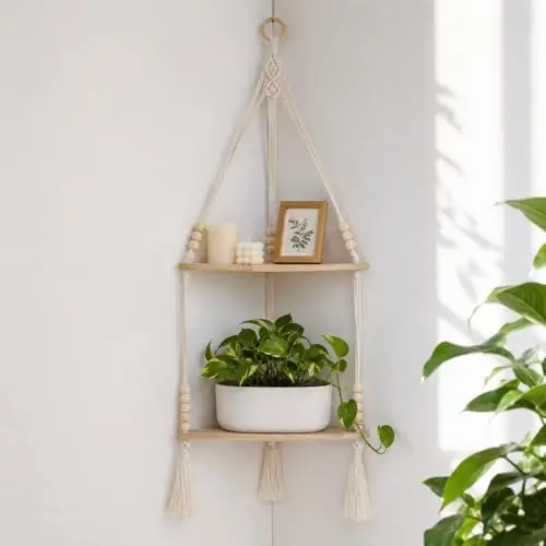 Macrame Wall Hanging Corner Shelf, Adjust Boho Storage Wall Decor