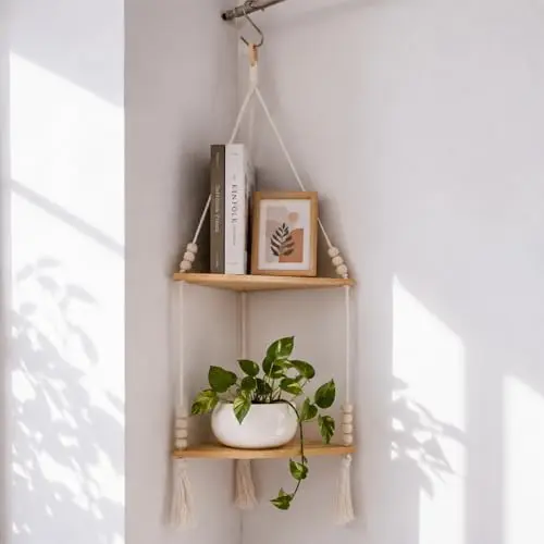 Macrame Wall Hanging Corner Shelf, Adjust Boho Storage Wall Decor