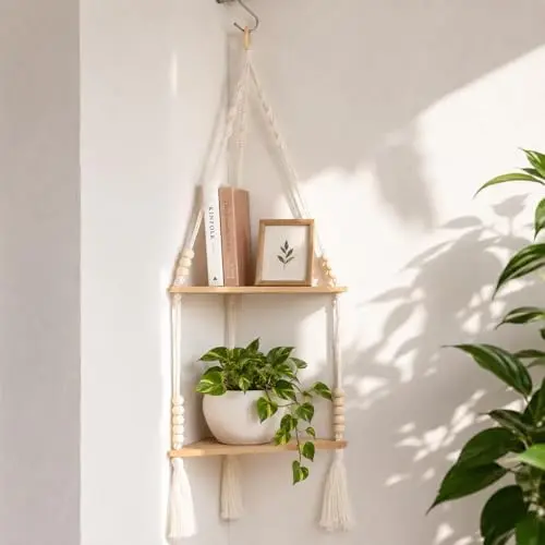 Macrame Wall Hanging Corner Shelf, Adjust Boho Storage Wall Decor