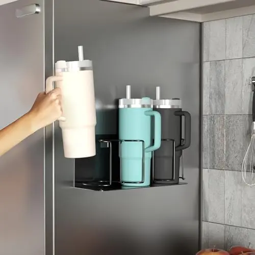 Magnetic Cup Holder for Fridge, 3-Cup Organizer (Black, 1 Pack)