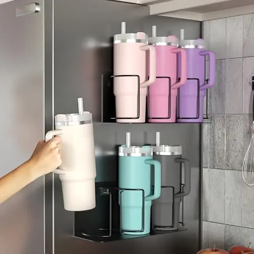 Magnetic Cup Holder for Fridge, 3-Cup Organizer (Black, 2 Pack)