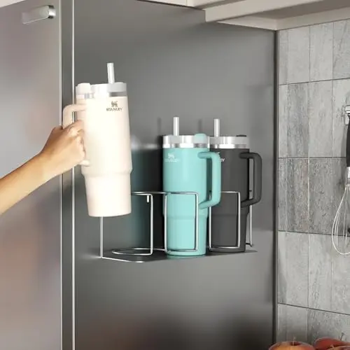 Magnetic Cup Holder for Fridge, 3-Cup Organizer (Silver, 1 Pack)