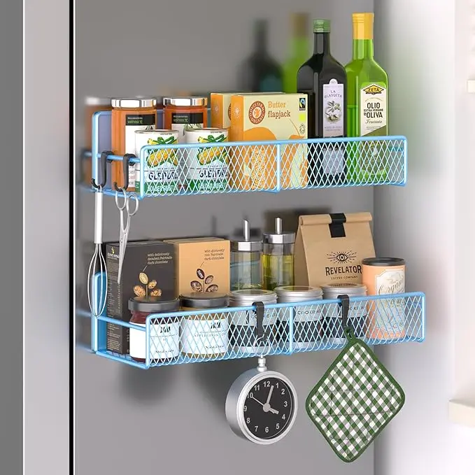Magnetic Spice Rack for Refrigerator, 2 Pack Metal Magnetic Shelf Blue