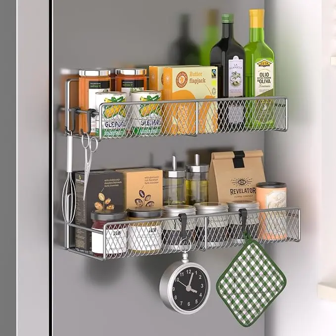 Magnetic Spice Rack for Refrigerator, 2 Pack Metal Magnetic Shelf Grey