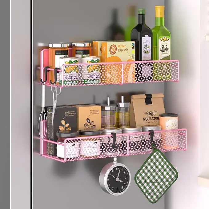 Magnetic Spice Rack for Refrigerator, 2 Pack Metal Magnetic Shelf Pink