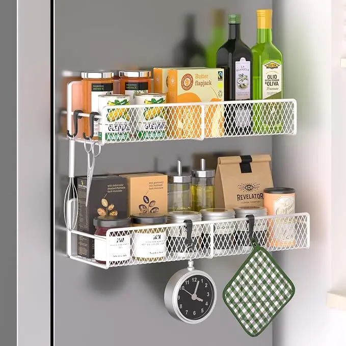 Magnetic Spice Rack for Refrigerator, 2 Pack Metal Magnetic Shelf White