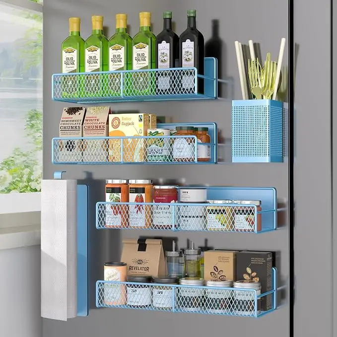 Magnetic Spice Rack for Refrigerator, 6 Pack Metal Magnetic Shelf Blue