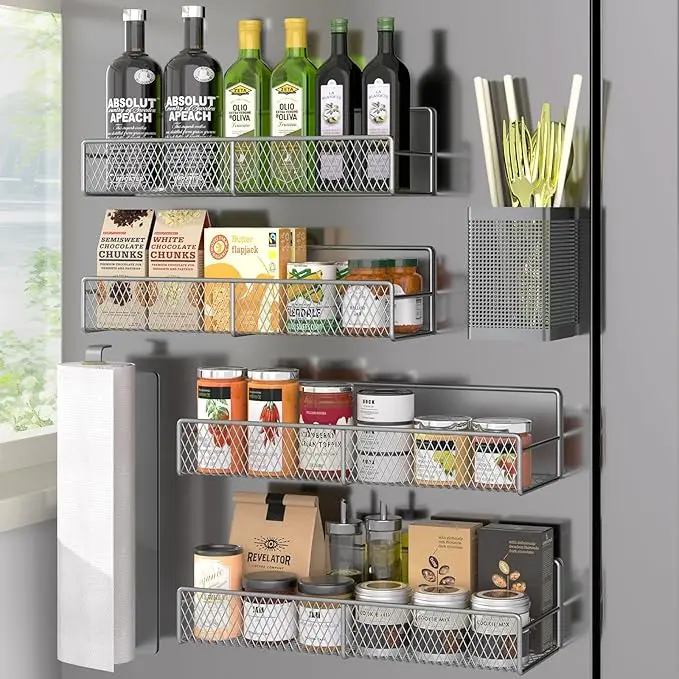 Magnetic Spice Rack for Refrigerator, 6 Pack Metal Magnetic Shelf Grey