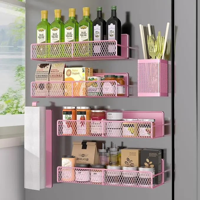 Magnetic Spice Rack for Refrigerator, 6 Pack Metal Magnetic Shelf Pink
