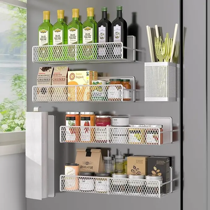Magnetic Spice Rack for Refrigerator, 6 Pack Metal Magnetic Shelf White