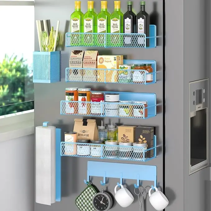 Magnetic Spice Rack for Refrigerator, 7 Pack Metal Magnetic Shelf Blue