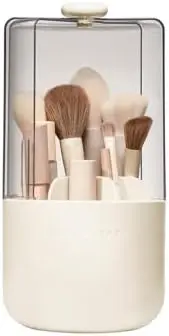 Makeup Brush Holder with Lid, Rotating Makeup Brush Organizer, Beige