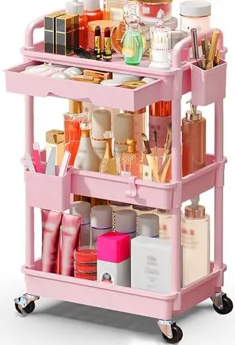 Makeup Cart Organizer with Drawer, 3 Tier Rolling Makeup Cart, Pink