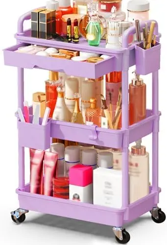 Makeup Cart Organizer with Drawer,3 Tier Rolling Makeup Cart,Purple