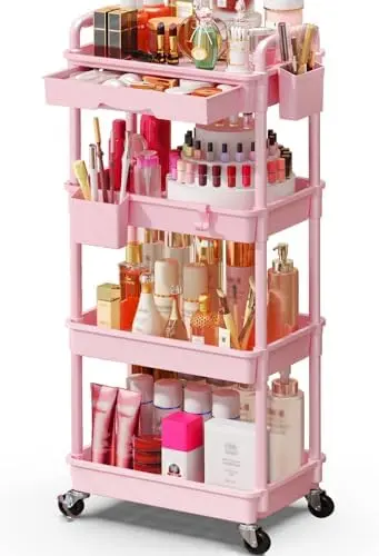 Makeup Cart Organizer with Drawer, 4 Tier Rolling Makeup Cart, Pink
