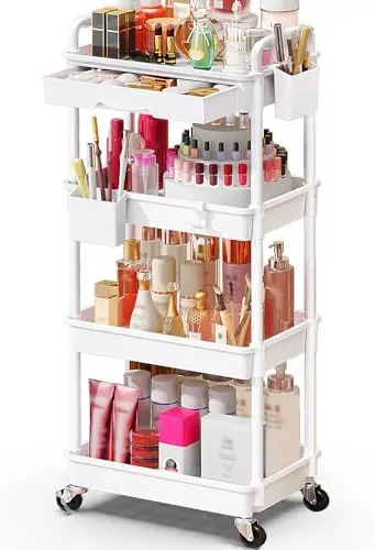 Makeup Cart Organizer with Drawer,4 Tier Rolling Makeup Cart, White