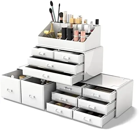 Makeup Cosmetic Organizer Storage Drawers Display Boxes Case with 12 Drawers (White)