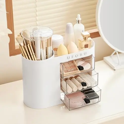 Makeup Organizer Countertop with Pop-Up Brush Holder for Vanity