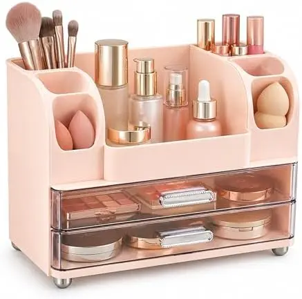 Makeup Organizer for Vanity with 2 Drawers, Cherry Blossom Pink
