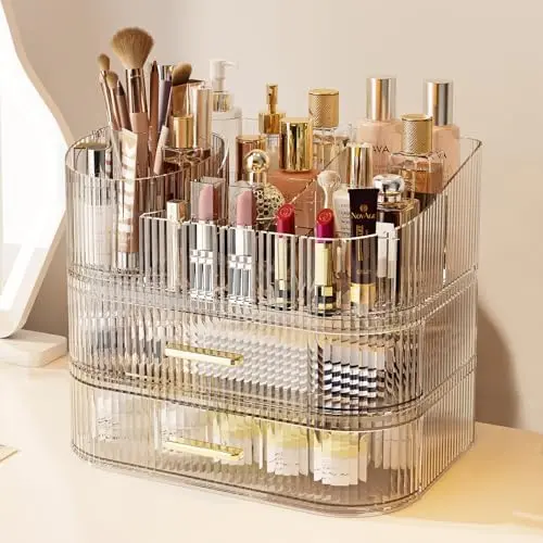 Makeup Organizer with 360 Rotating Brush Holder and Stackable Drawers, Cosmetic Display Case for Vanity, Bathroom Countertop (Clear, 3 Layer)