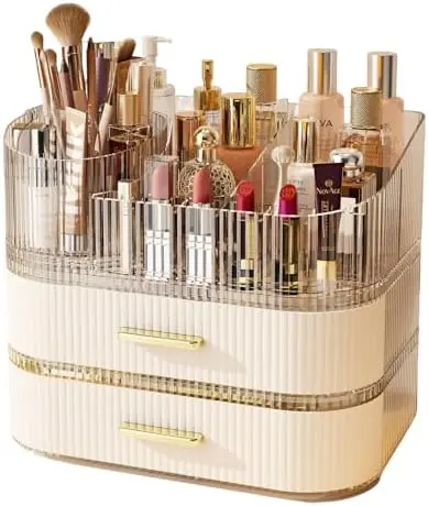 Makeup Organizer with 360 Rotating Brush Holder and Stackable Drawers, Cosmetic Display Case for Vanity, Bathroom Countertop (White, 3 Layer)