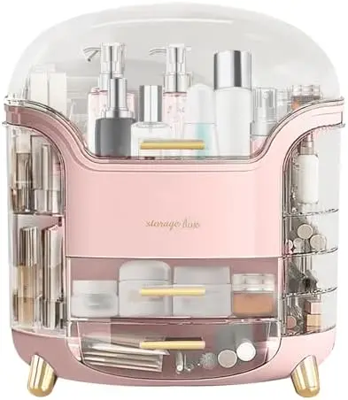 Makeup & Skincare Organizer Box for Countertop with Lid & Drawers, Pink