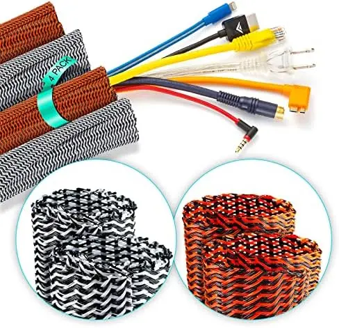 Management Wire Loom 3ft 1 Inch Black/White and Black/Orange Split Cord Protector 4 Pack