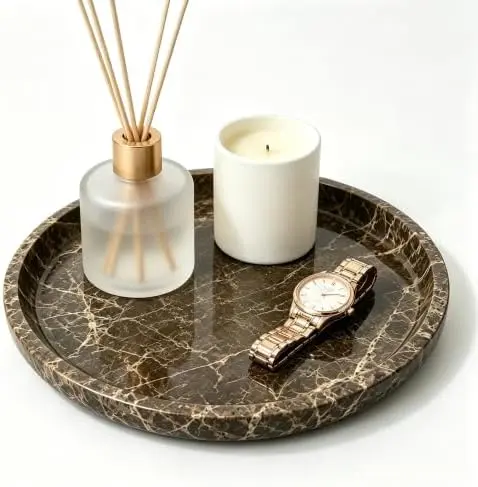 Marble Vanity Tray, Natural Hand Polished Round Serving Tray