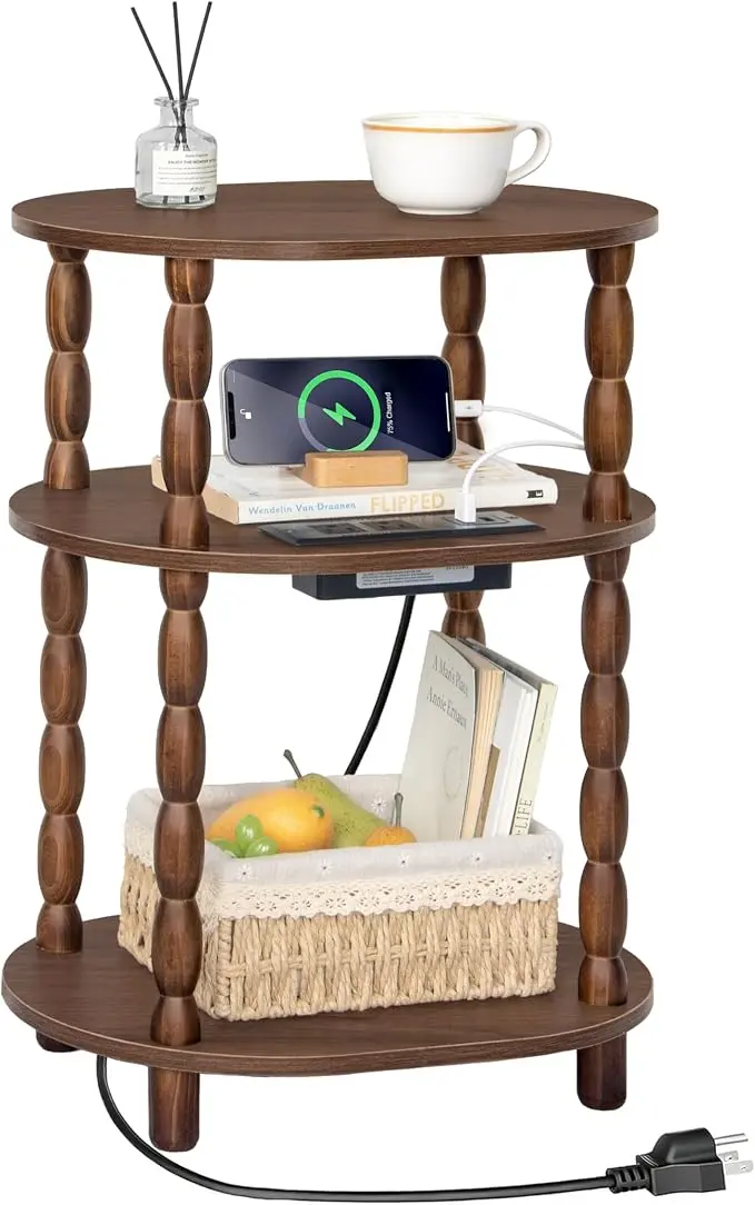 MaxSmeo Small Side Table with Charging Station, 3-Tier Small End Table with USB