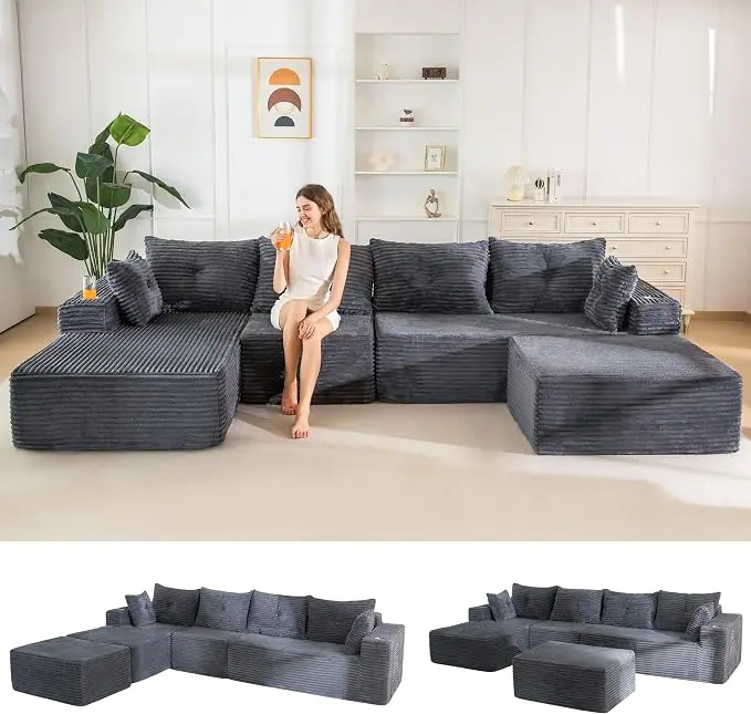 MAXYOYO 132" Giant U-Shaped Modular Sectional Couch, Modern Boneless Couch