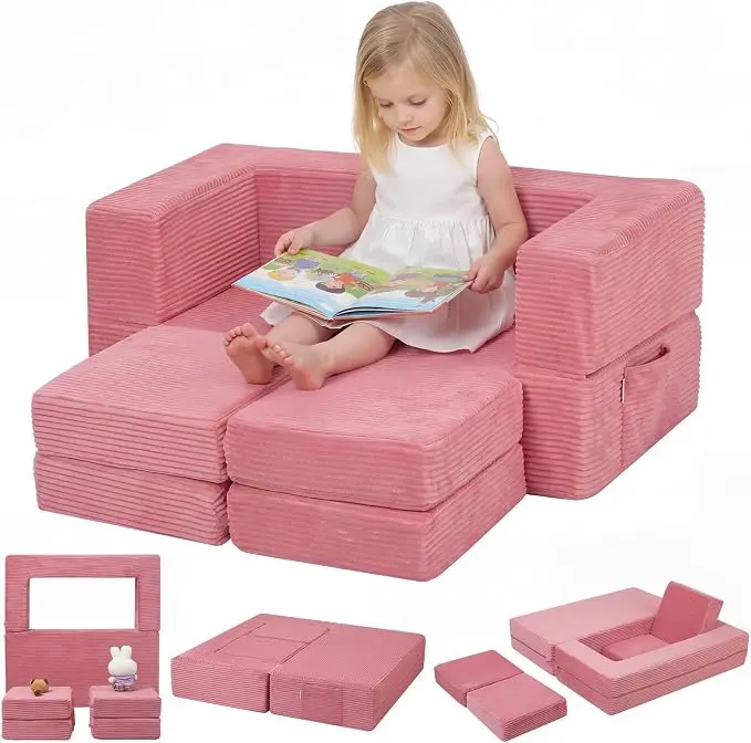 MeMoreCool Pink Corduroy Kids Play Couch, Modular Toddler Couch
