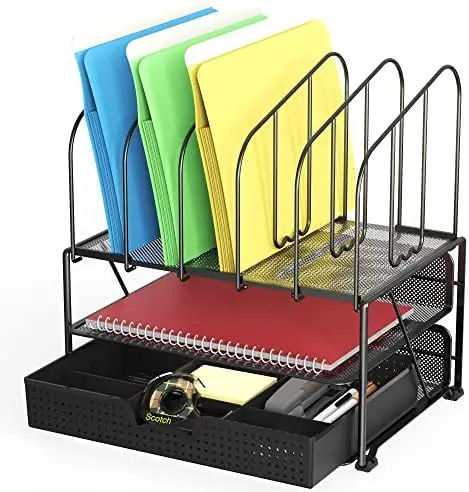 Mesh Desk Organizer with Double Tray, 5 Upright Sections and Sliding Drawer, Black
