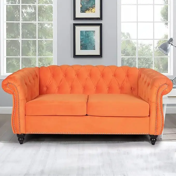 Mid-Century 2 Seater Sofa, Velvet Loveseat