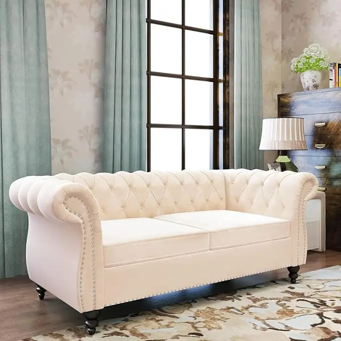 Mid-Century 2 Seater Sofa, Velvet Loveseat