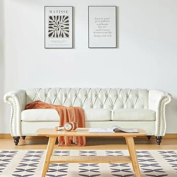 Mid-Century 3 Seater Sofa, Faux Leather Couch