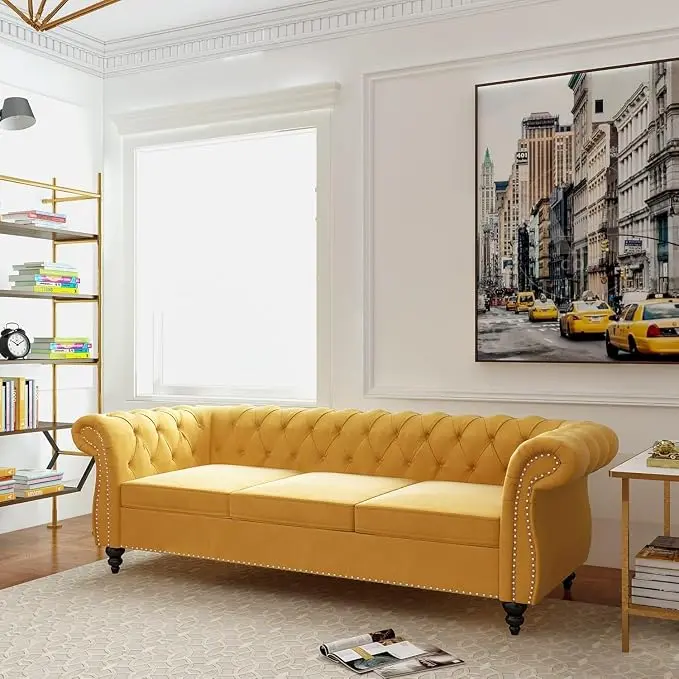 Mid-Century 3 Seater Sofa, Velvet Couch