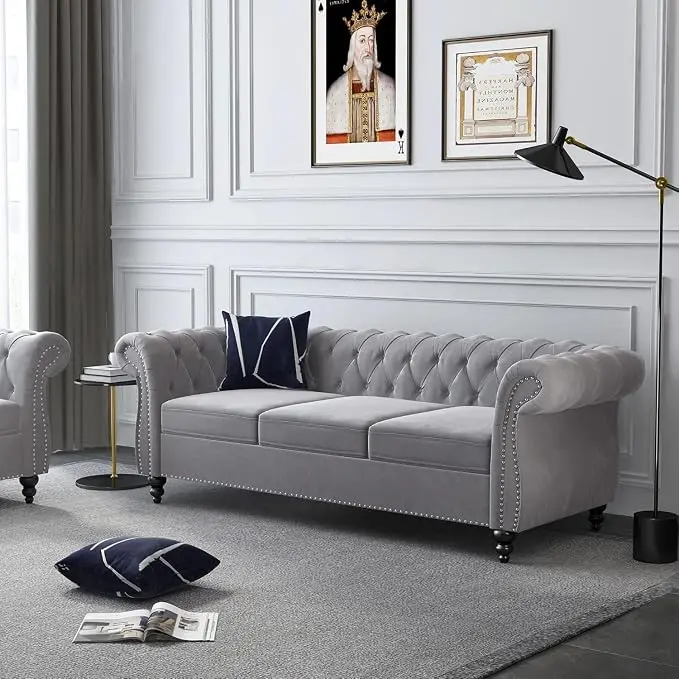 Mid-Century 3 Seater Sofa, Velvet Couch