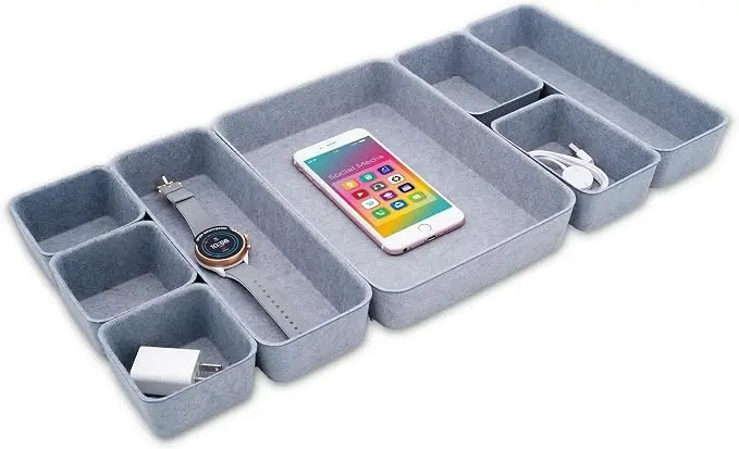 Minimalist 8pc Felt Desk Drawer Organizer Glacier Gray Bins