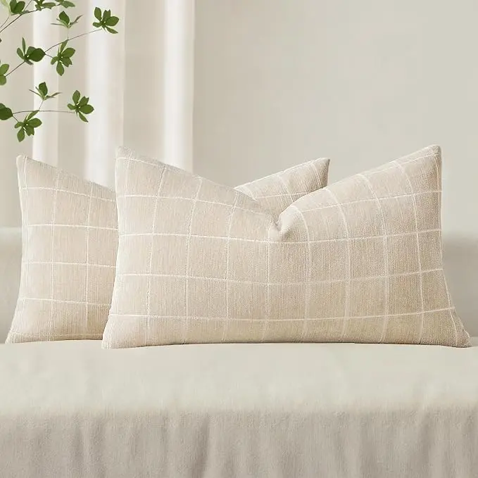 MIULEE Decorative Chenille Check Lumbar Throw Pillow Covers Vintage Plaid Couch