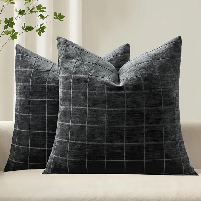 MIULEE Decorative Chenille Check Throw Pillow Covers Vintage Plaid Couch