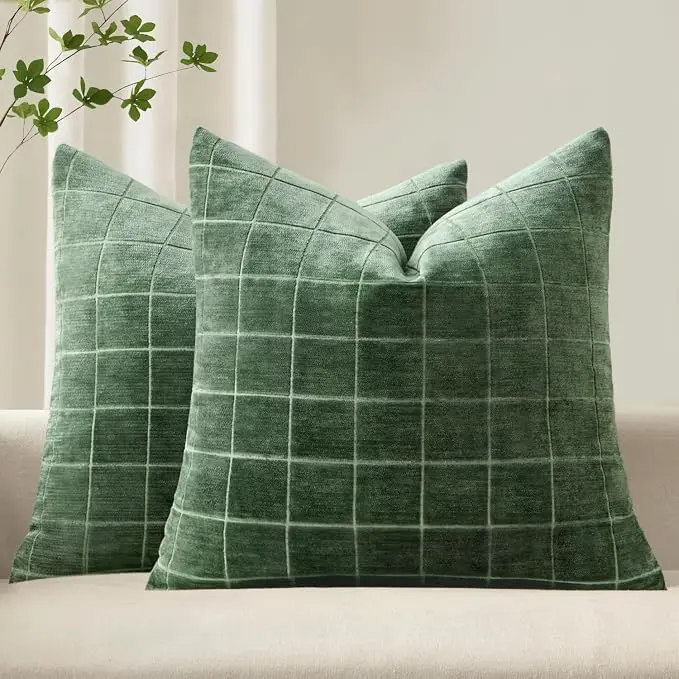 MIULEE Decorative Chenille Check Throw Pillow Covers Vintage Plaid Couch