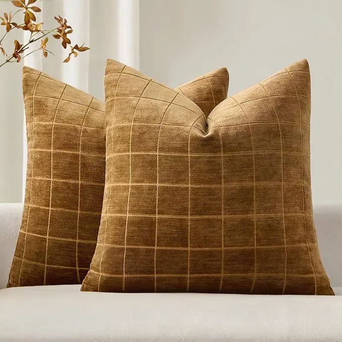 MIULEE Decorative Chenille Check Throw Pillow Covers Vintage Plaid Couch