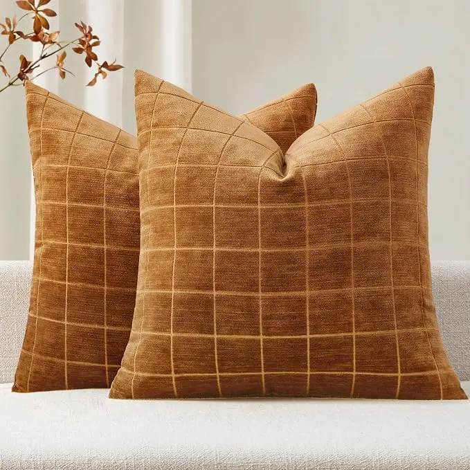 MIULEE Decorative Chenille Check Throw Pillow Covers Vintage Plaid Couch