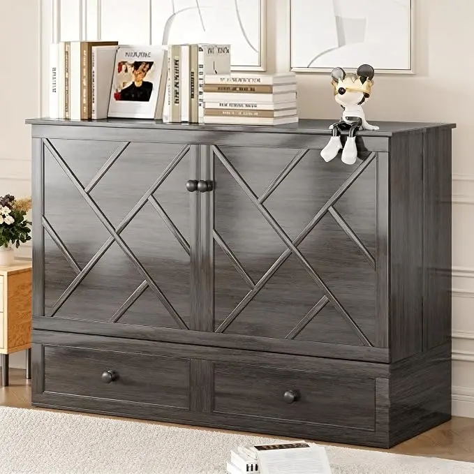 Mjkone Murphy Cabinet Bed Queen Size, Solid Wood Mobile Wall Beds Chest