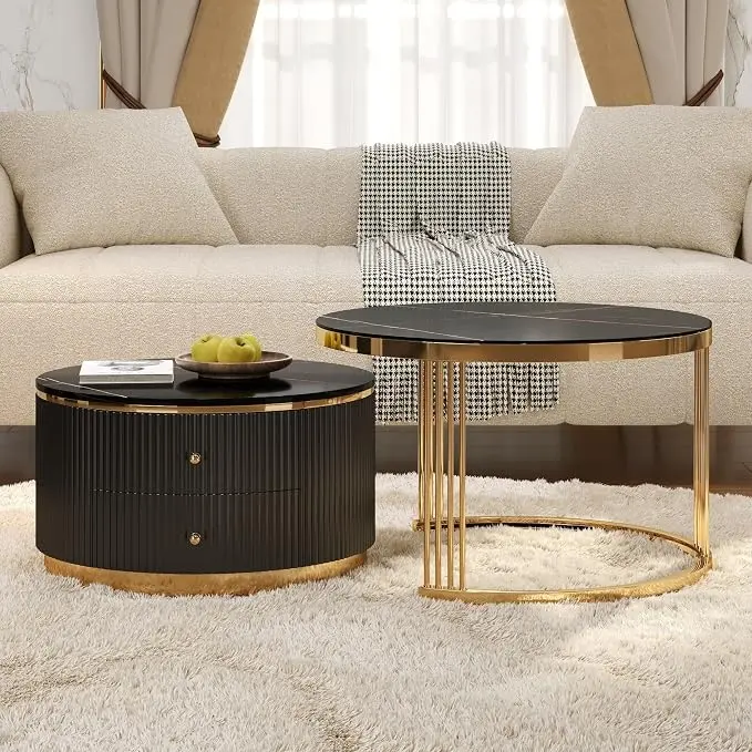 Modern 2 Pieces Black Round Nesting Coffee Table
