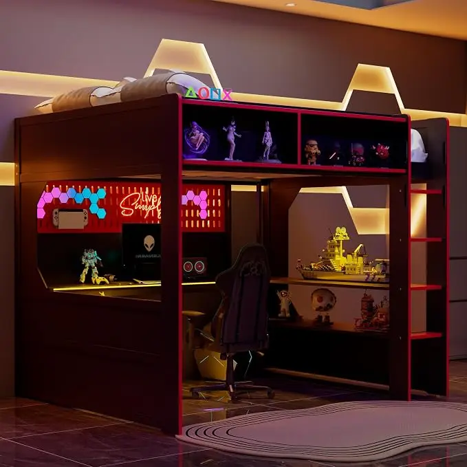 Modern Gaming Loft Bed with Built-in Desk, LED Lighting & Charging Hub – Full