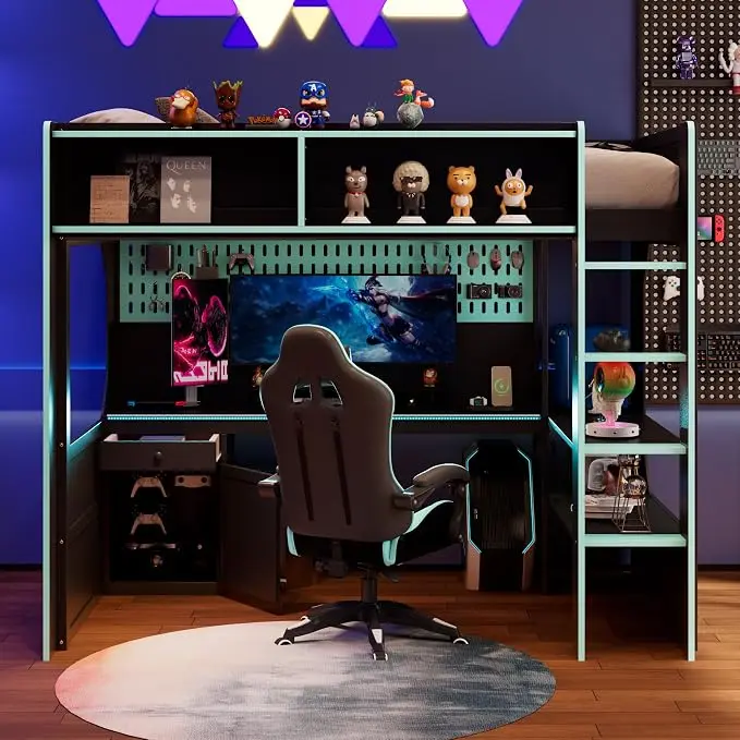 Modern Gaming Loft Bed with Built-in Desk, LED Lighting & Charging Hub –Twin
