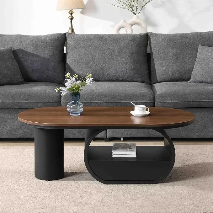 Modern Oval Coffee Table, 47.24" Brown Wood Top Coffee Table