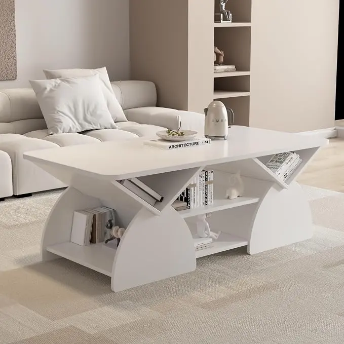 Modern White Coffee Table 47 in, Rectangular Living Room Table
